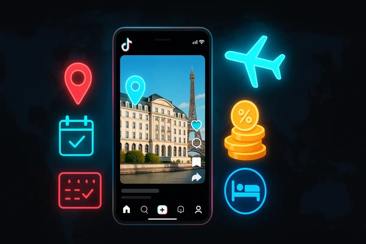TikTok GO programa de afiliación de viajes 2026 — Reel TikTok con etiquetas de hoteles, entradas, actividades y comisiones Booking/Expedia/Viator/GetYourGuide, paleta negro/cian/magenta con acentos dorados para la monetización