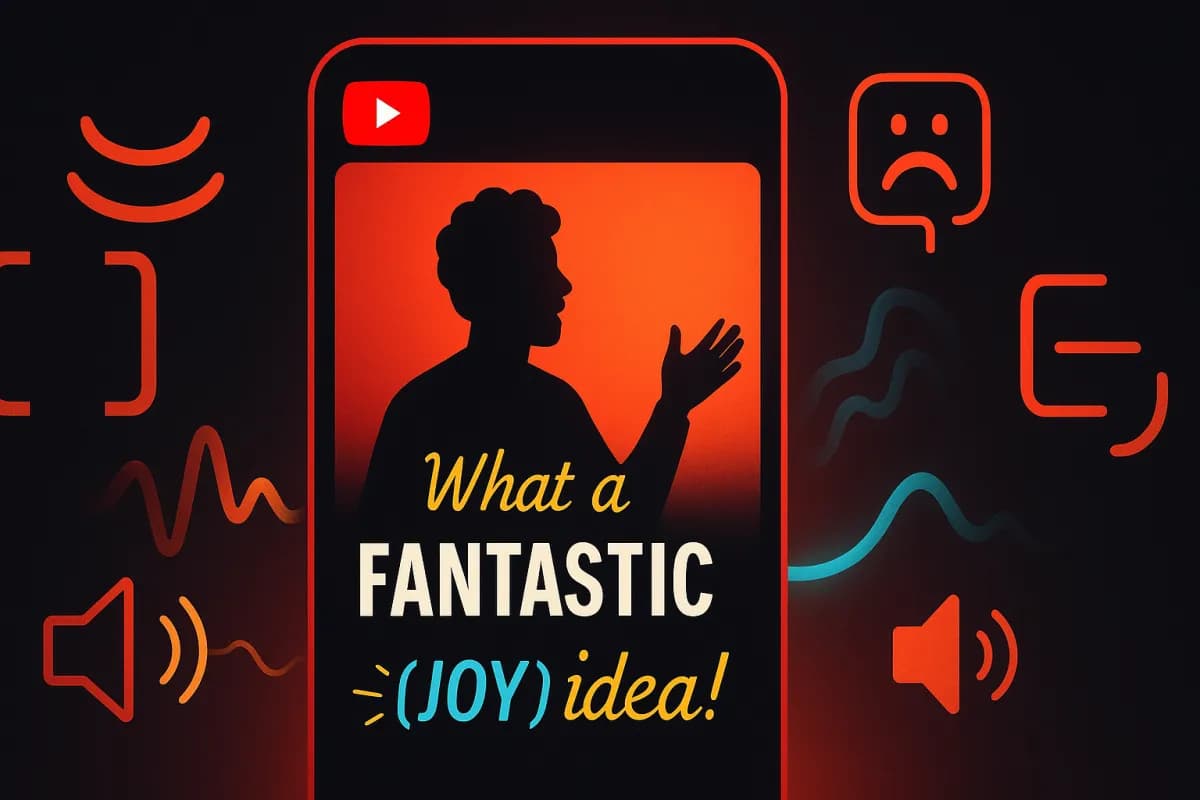 YouTube Expressive Captions IA — subtítulos emocionales con etiquetas [joy] [sadness] [sarcasm], mayúsculas para los gritos, estiramientos para el énfasis, anotaciones soundscape, diseño editorial dark con acentos rojos YouTube y cian/amarillo IA