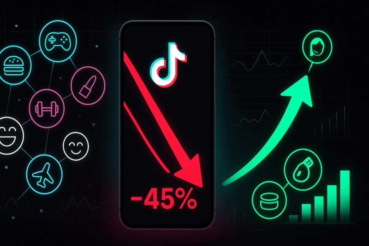 TikTok penalización cross-nicho -45%: visualización de la caída de alcance para cuentas multi-tema frente al crecimiento de cuentas mono-nicho, paleta TikTok negro/cian/magenta con acentos rojo alarma y verde crecimiento