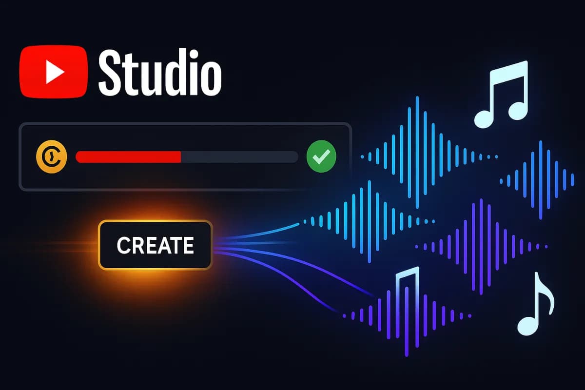 YouTube Replace Song IA — botón Create en YouTube Studio que genera 4 instrumentales royalty-free para resolver una reclamación Content ID, diseño editorial dark con acentos rojos YouTube y cian/violeta IA